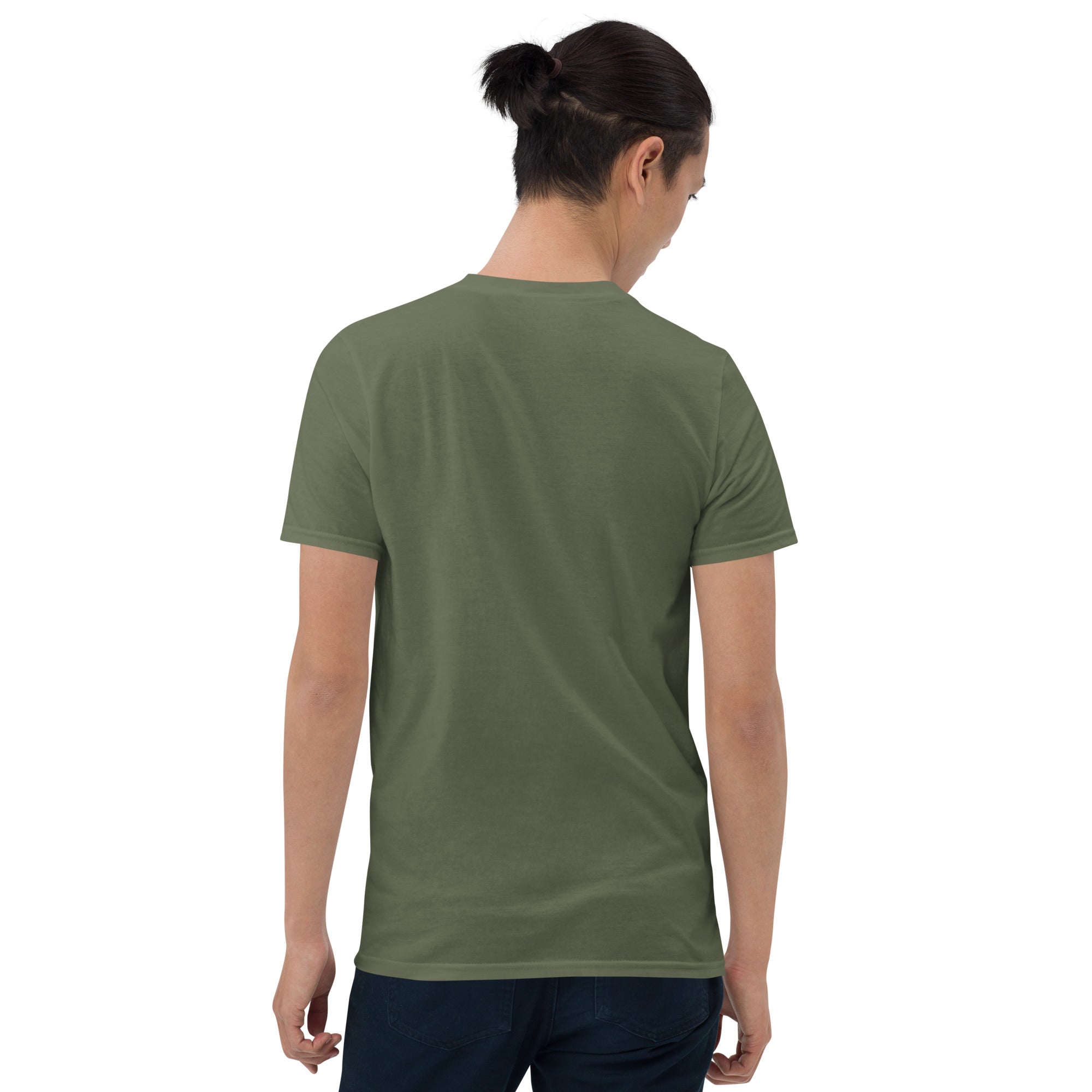 Unisex short-sleeve T-shirt, olive green, plain back view