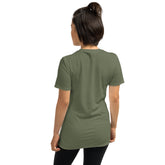 Olive green unisex T-shirt back view, plain fabric, crew neck, short sleeves
