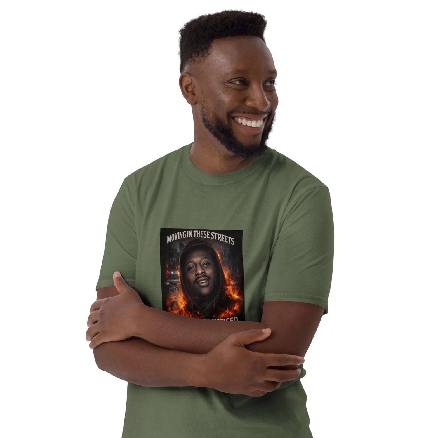 Military green unisex T-shirt with front graphic print, short sleeves, crew neck