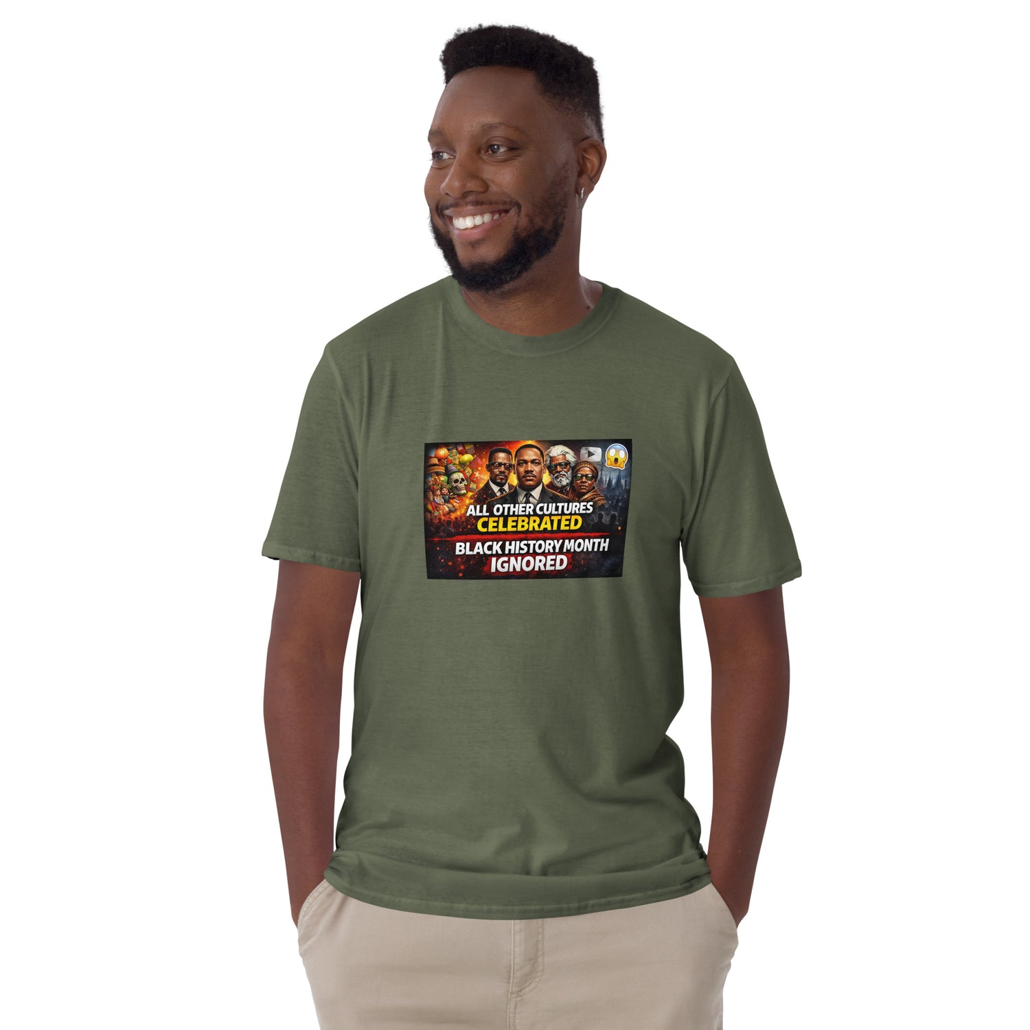 Unisex short-sleeve T-shirt in military green, front graphic print