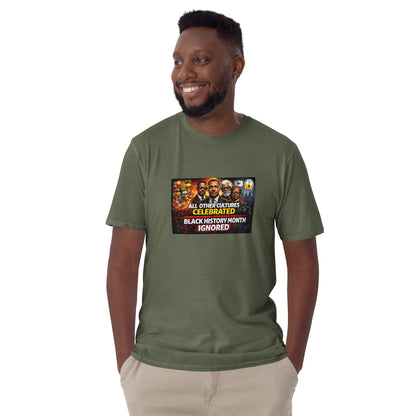 Unisex short-sleeve T-shirt in military green, front graphic print