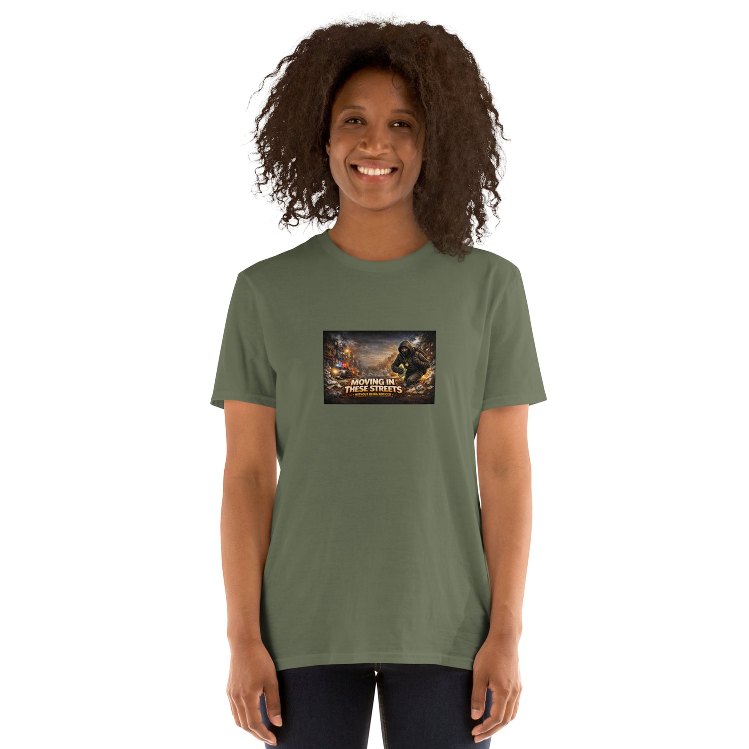 Military green short-sleeve T-shirt with square chest graphic, crew neck