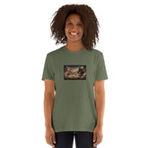 Olive green crew-neck t-shirt with short sleeves and chest graphic patch