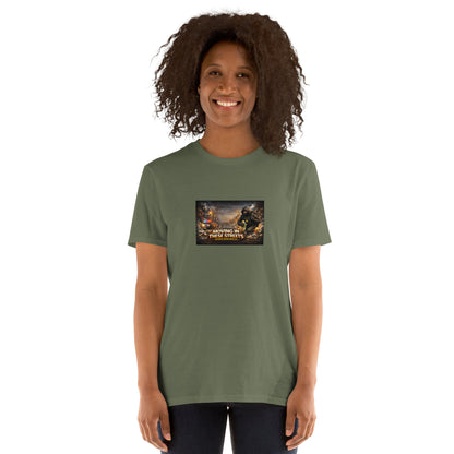 Military green short-sleeve T-shirt with square chest graphic, crew neck