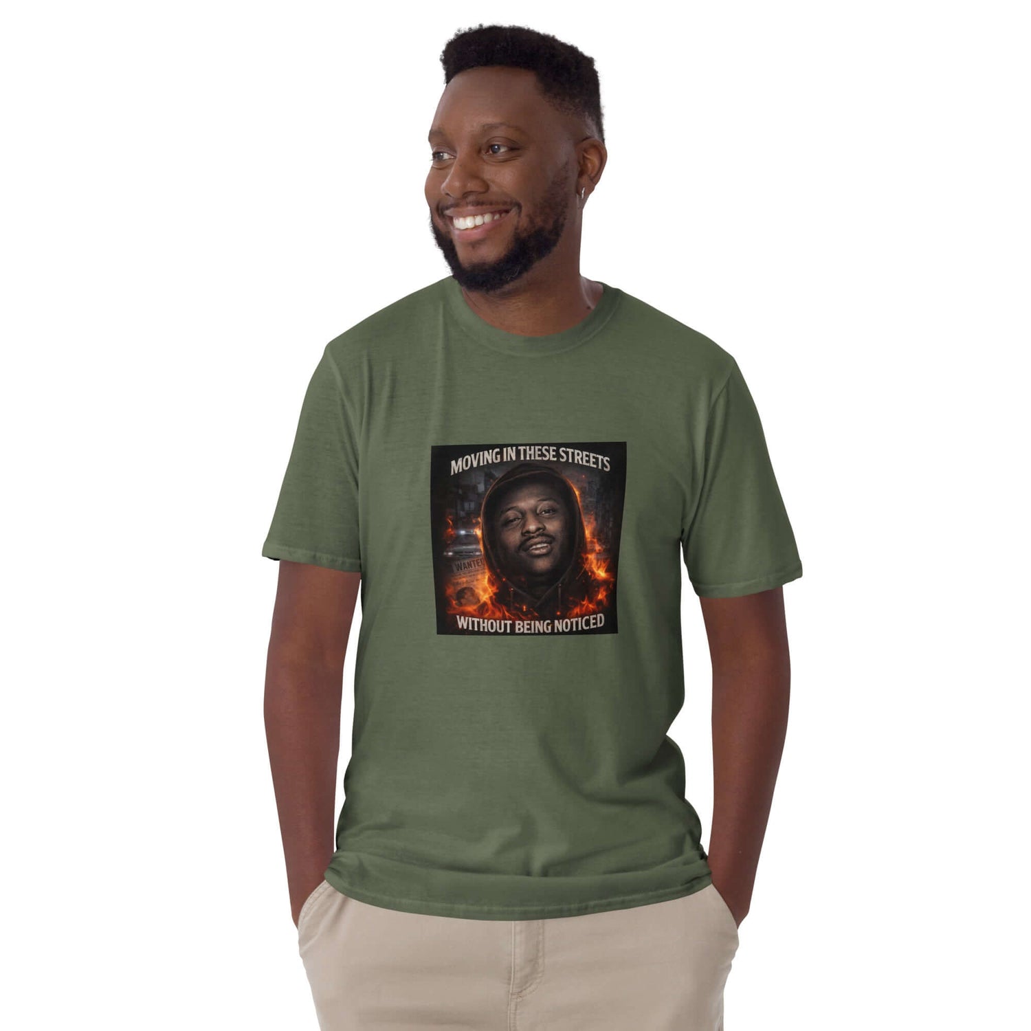 Olive/military green unisex T-shirt with front graphic print and crew neck