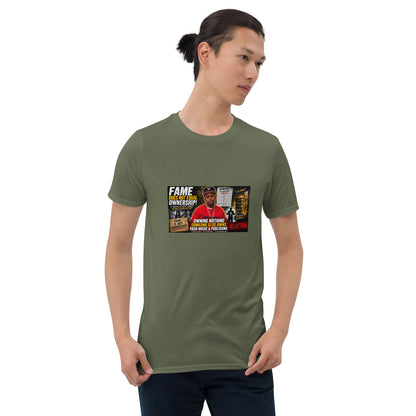 Unisex short-sleeve T-shirt, olive green, front chest graphic print