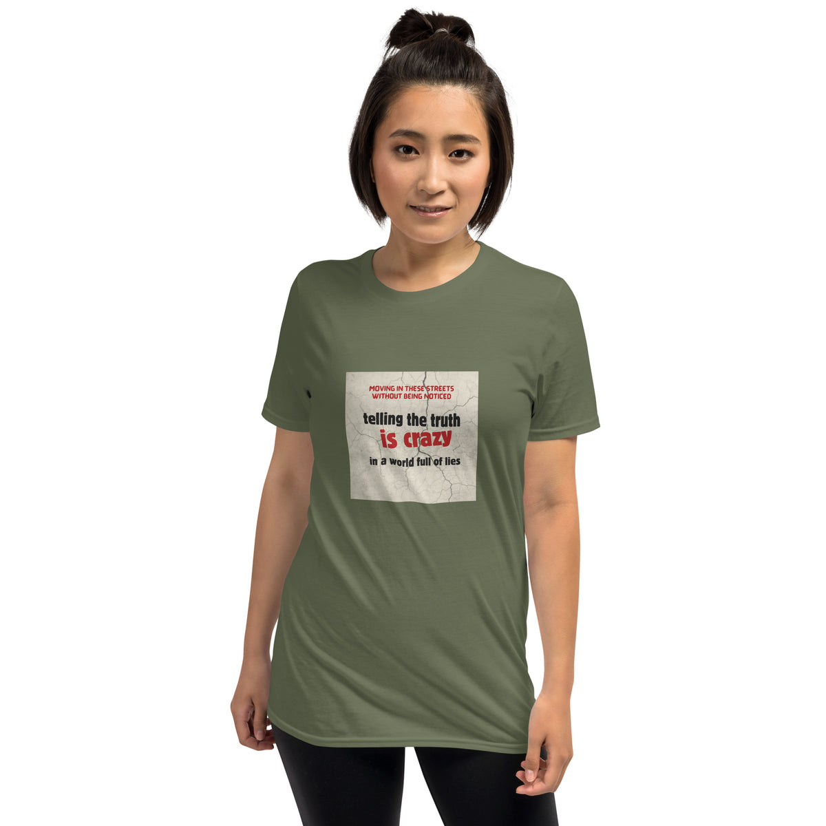 Olive green unisex T-shirt with square front graphic print, crew neck, short sleeves