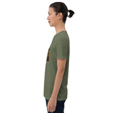 Unisex short-sleeve T-shirt, olive green, side view with graphic detail