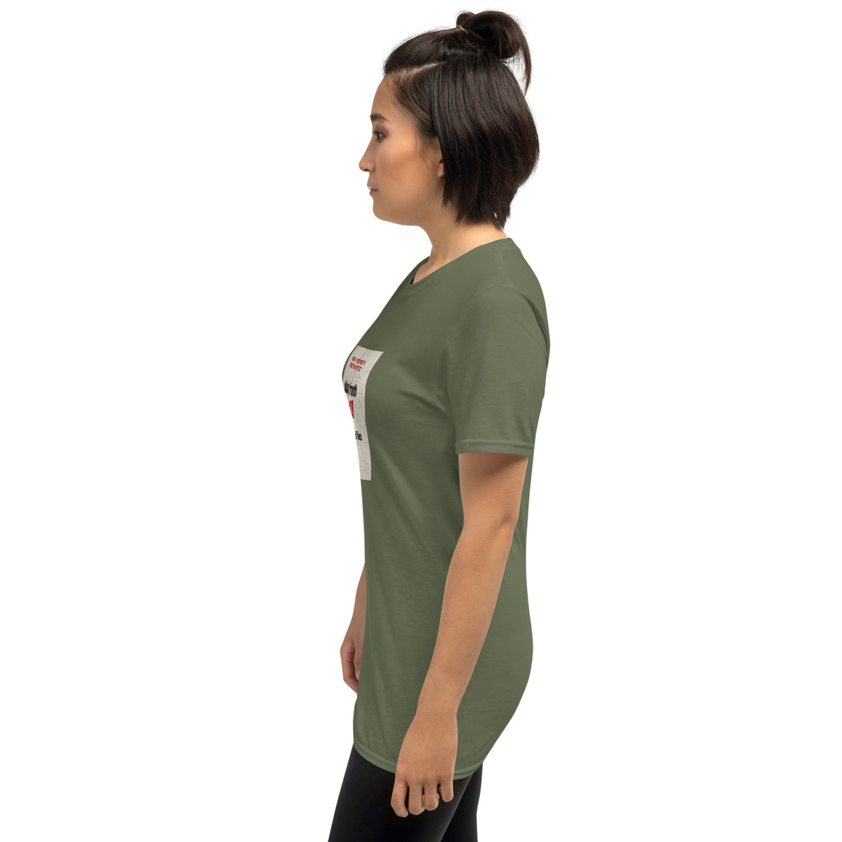 Olive green unisex T-shirt side view with small sleeve graphic detail