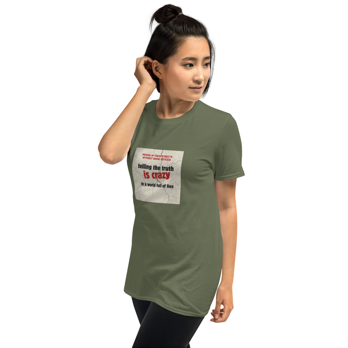 Olive green unisex T-shirt front view with square graphic print, crew neck, short sleeves