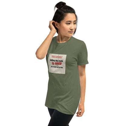 Olive green unisex T-shirt front view with square graphic print, crew neck, short sleeves