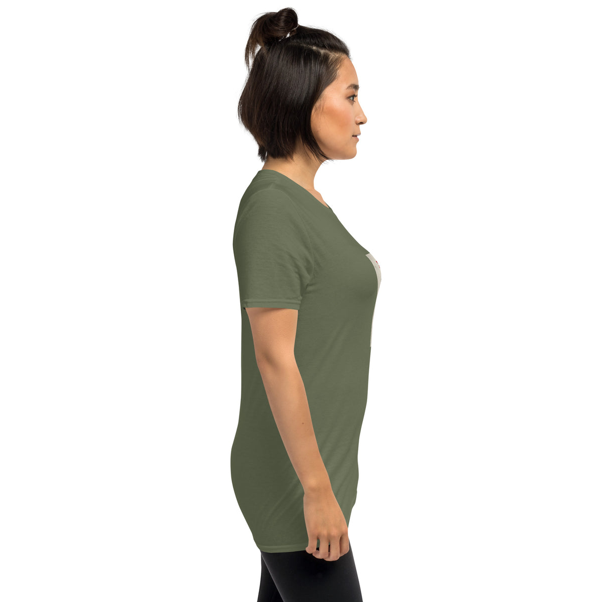Olive green unisex T-shirt side profile, crew neck, short sleeves