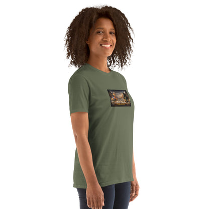 Military green short-sleeve T-shirt with square chest graphic, crew neck