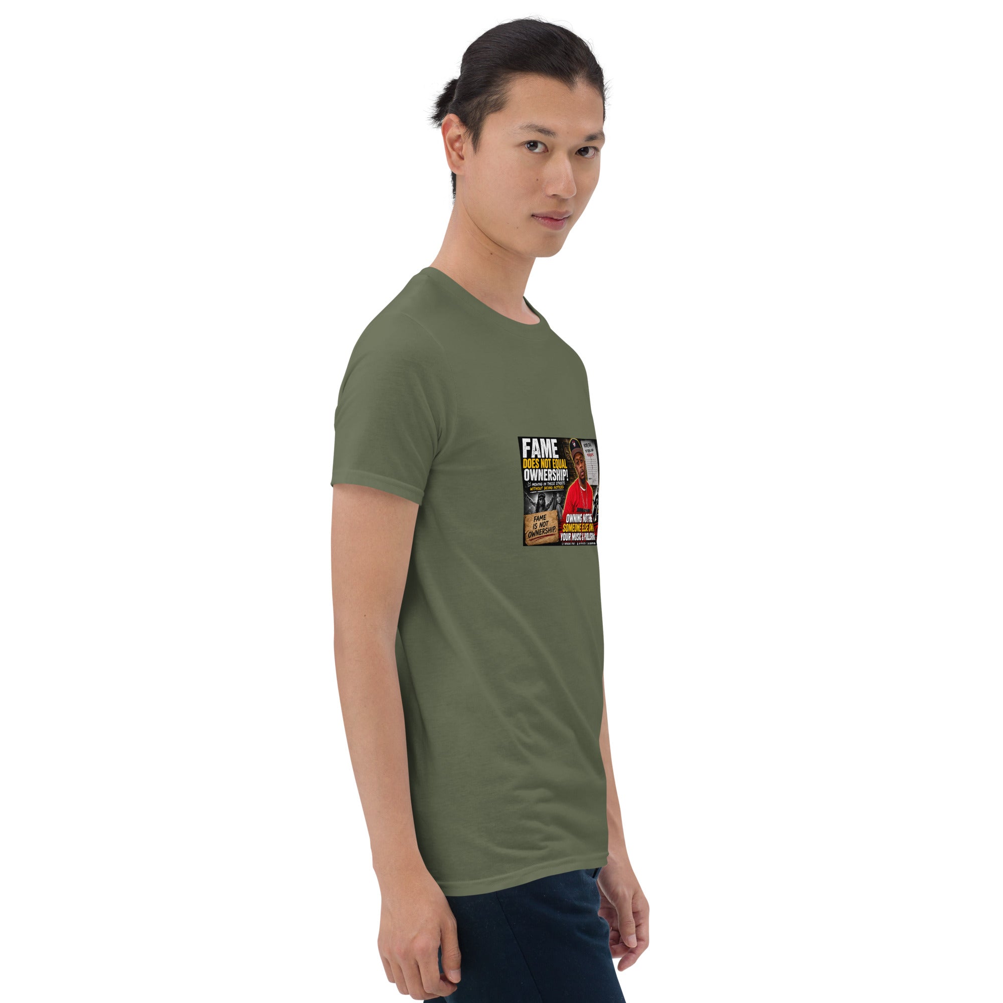 Unisex short-sleeve T-shirt, olive green, front graphic on chest