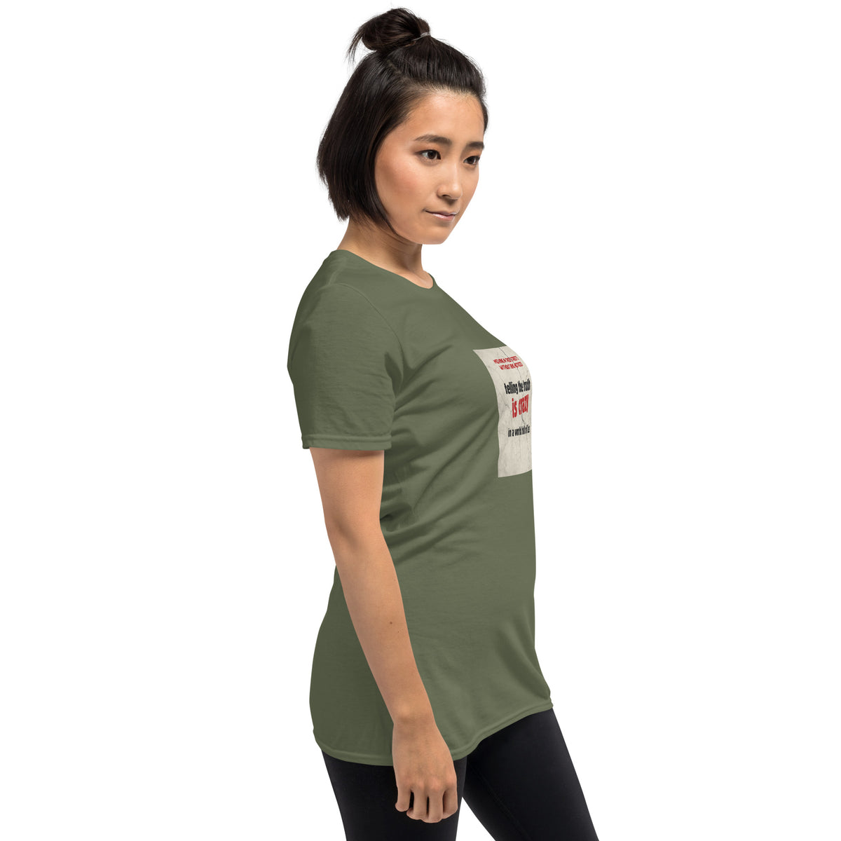 Olive green unisex T-shirt with small sleeve graphic detail, crew neck, short sleeves