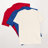 Unisex short-sleeve T-shirts in white, red, and blue; plain rear without print.