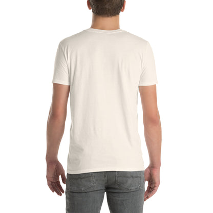 White unisex T-shirt back view, plain crew neck and short sleeves.
