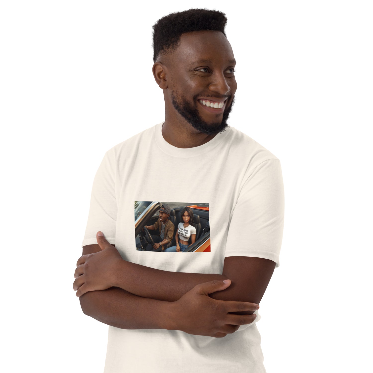 White unisex T-shirt with chest photo graphic, arms crossed