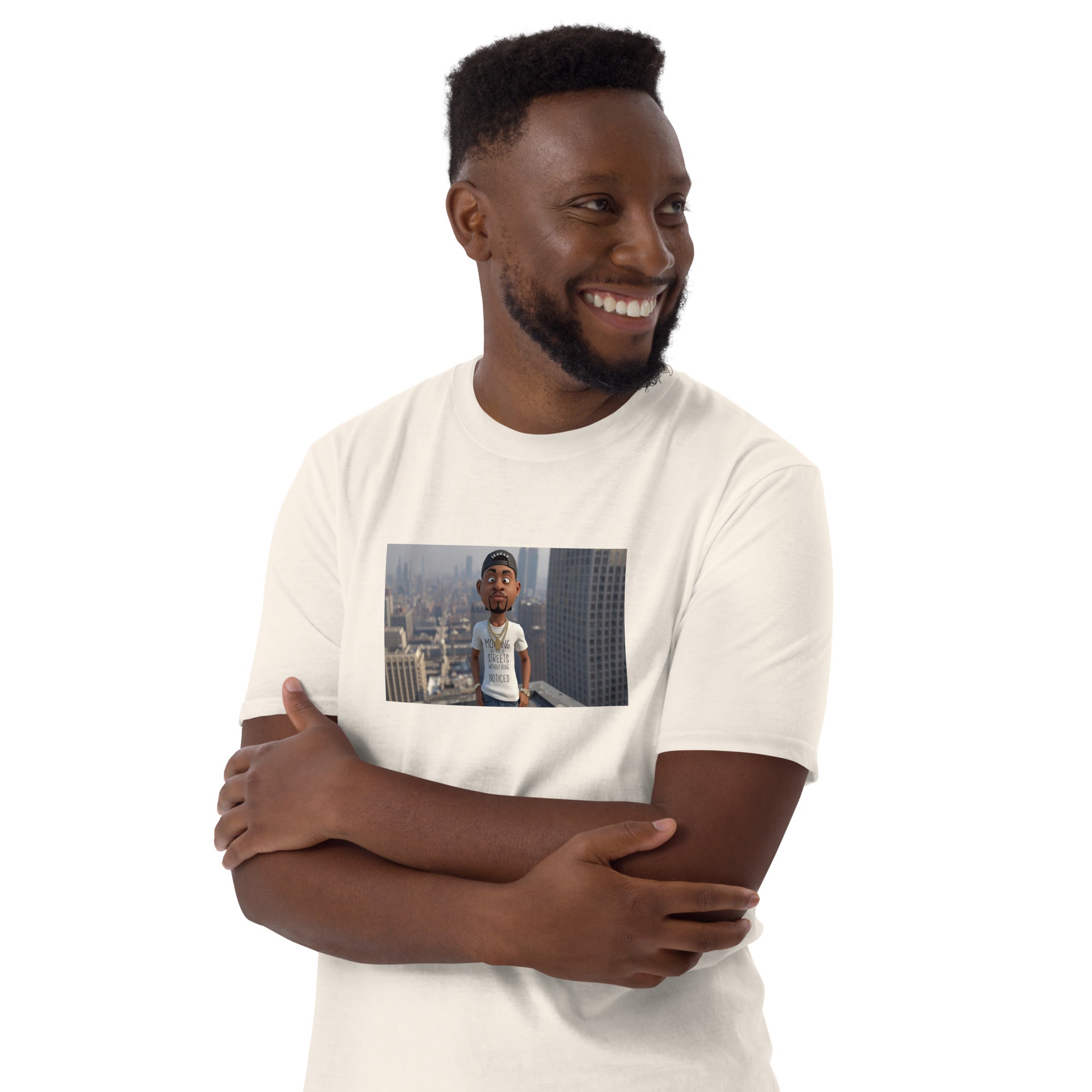 Short-sleeve unisex T-shirt, white front with photo graphic, arms crossed
