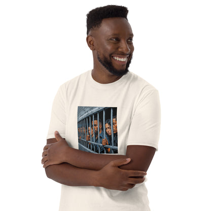 White unisex short-sleeve T-shirt with square graphic on chest