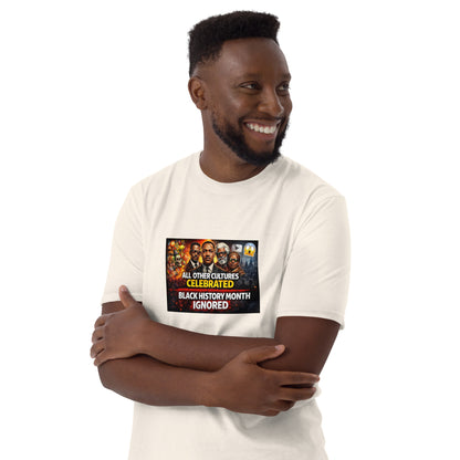Weißes Unisex-T-Shirt, quadratischer Front-Print mit Text „Black History Month Ignored“