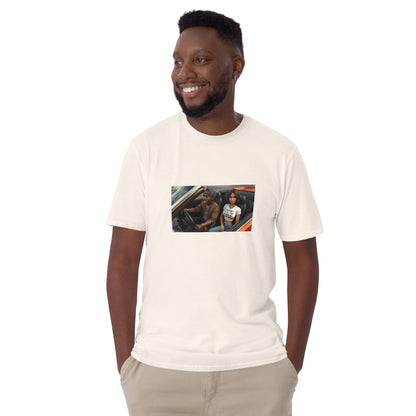 White unisex T-shirt, front view with chest photo graphic