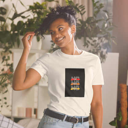 White short-sleeve unisex T-shirt, front square logo print visible