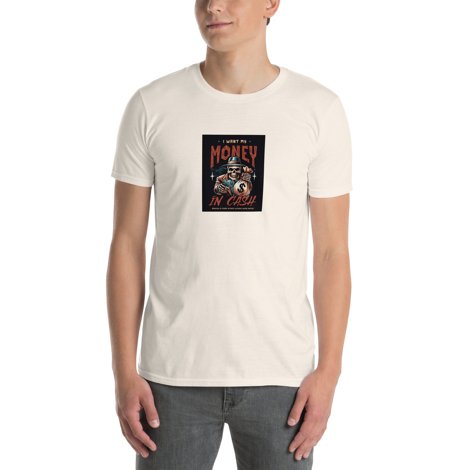 Natural unisex T-shirt front, crew neck with “Money in Cash” chest artwork
