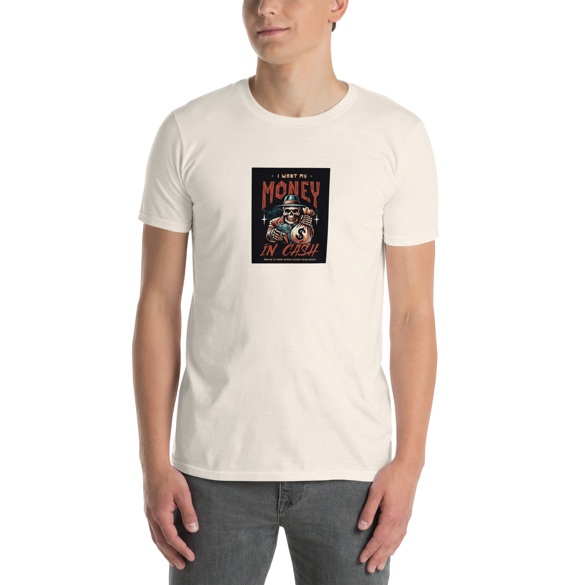 Natural unisex T-shirt front, crew neck with “Money in Cash” chest artwork