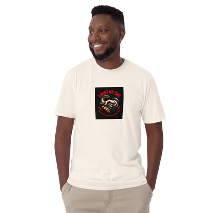 Trust No One short-sleeve unisex T-shirt in white, centered front graphic print