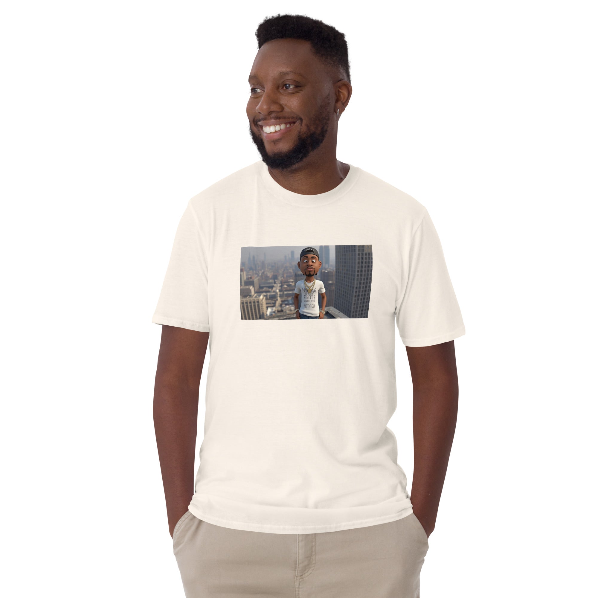 Short-sleeve unisex T-shirt, white front view with square photo graphic