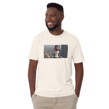 Short-sleeve unisex T-shirt, white front view with square photo graphic