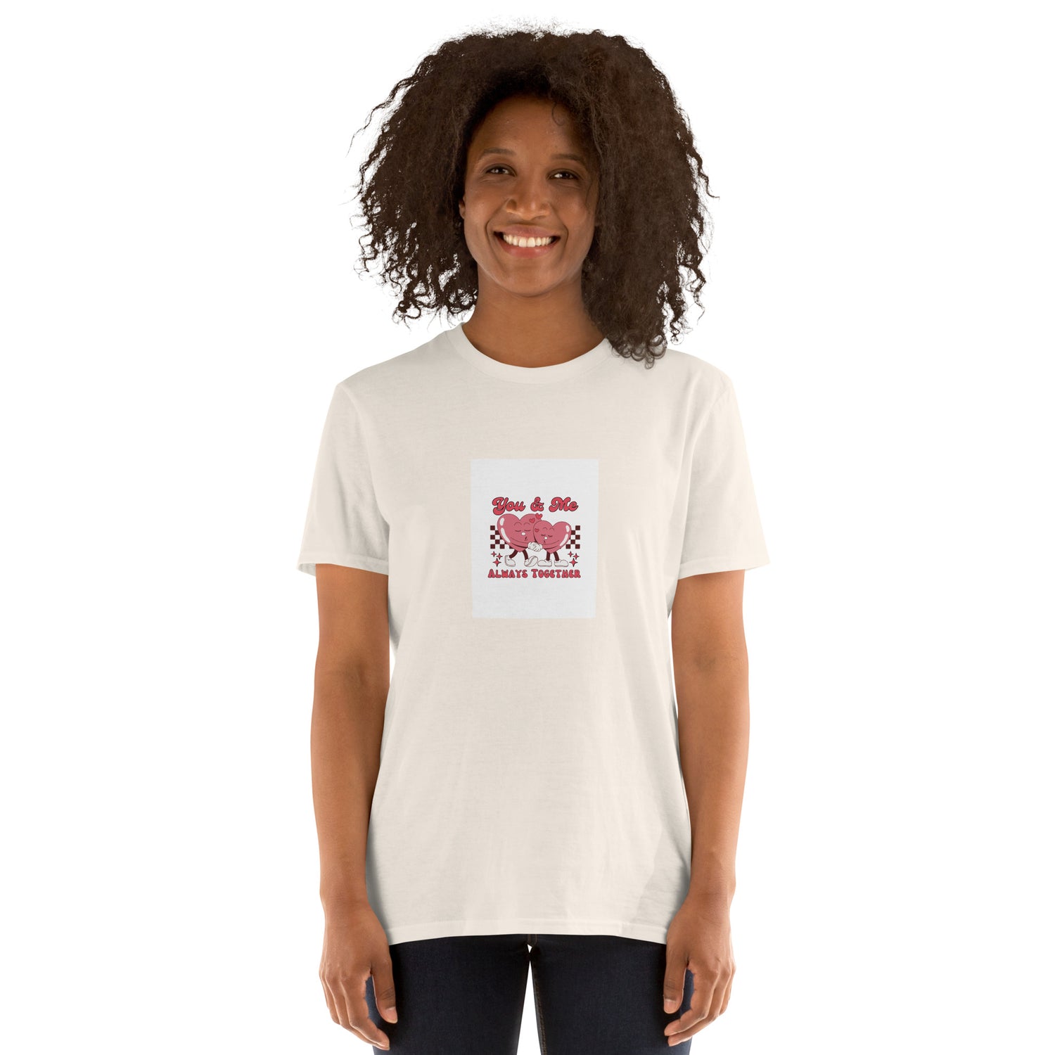 White unisex T-shirt with heart couple graphic on chest