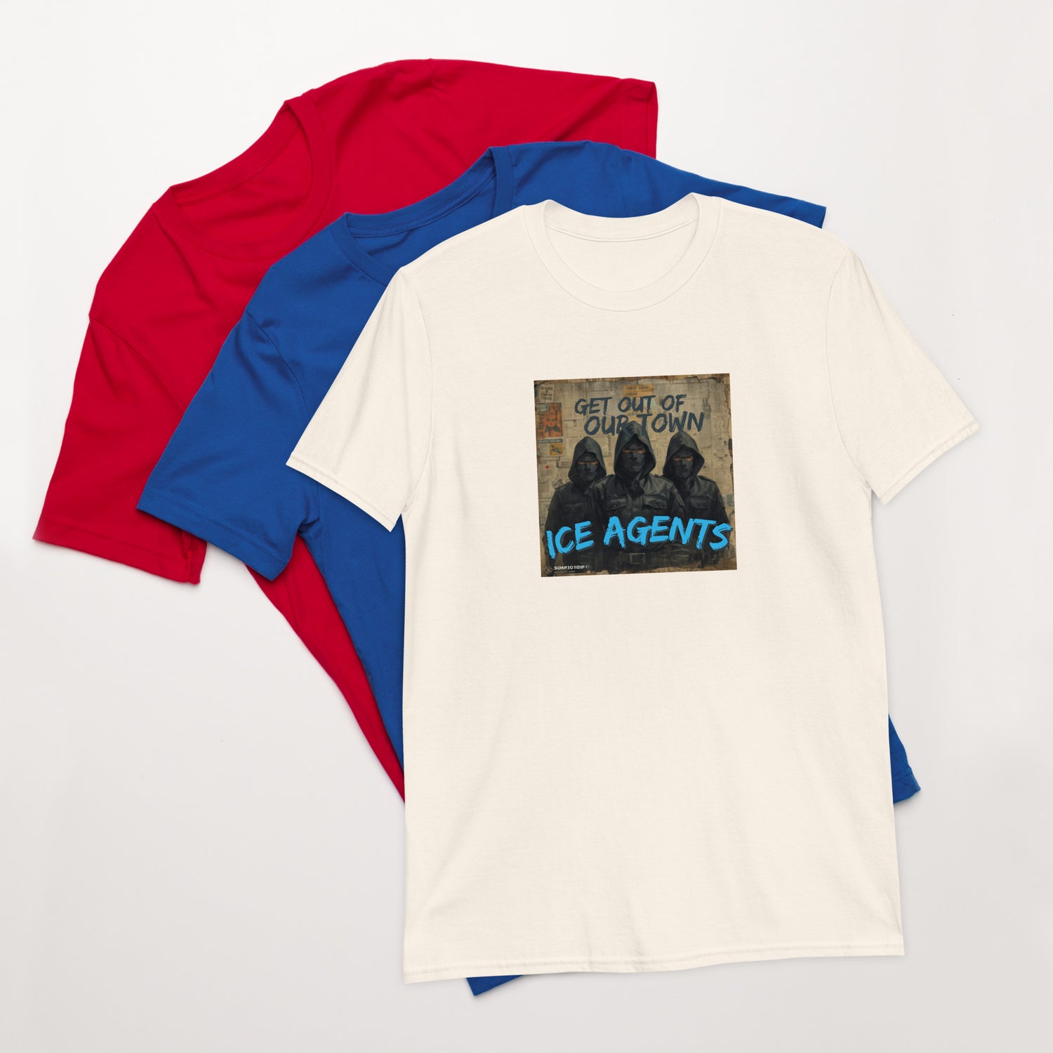 Unisex short-sleeve T-shirt, off-white with front graphic text “ICE AGENTS”.
