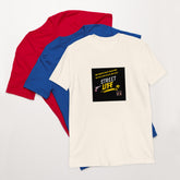 Unisex short-sleeve T-shirts; white front with logo graphic, plus red and blue.