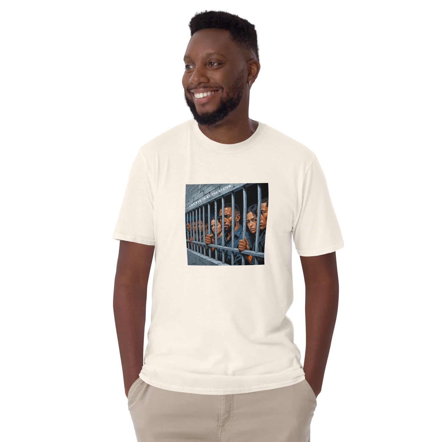White unisex short-sleeve T-shirt, front square graphic print