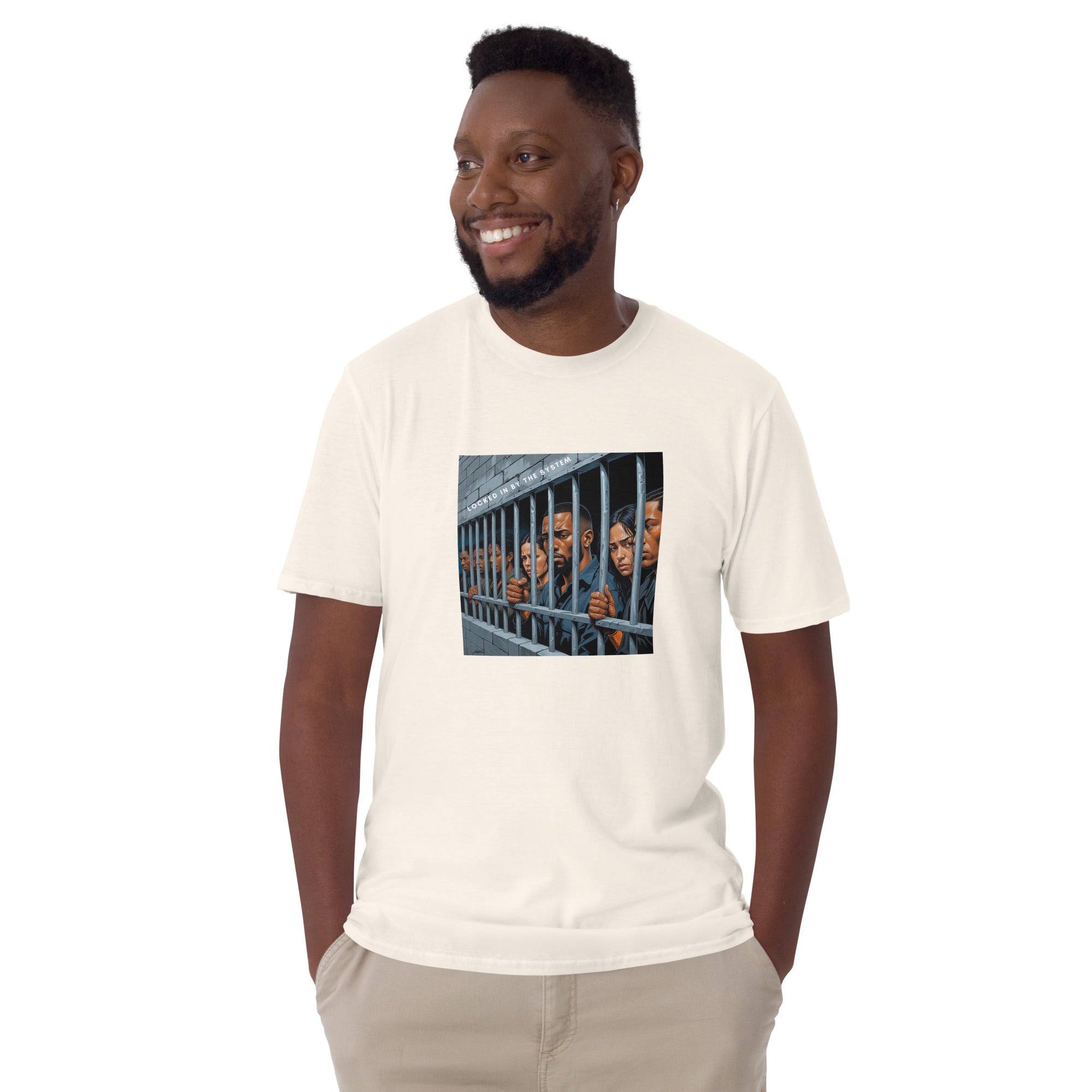 White unisex short-sleeve T-shirt, front square graphic print