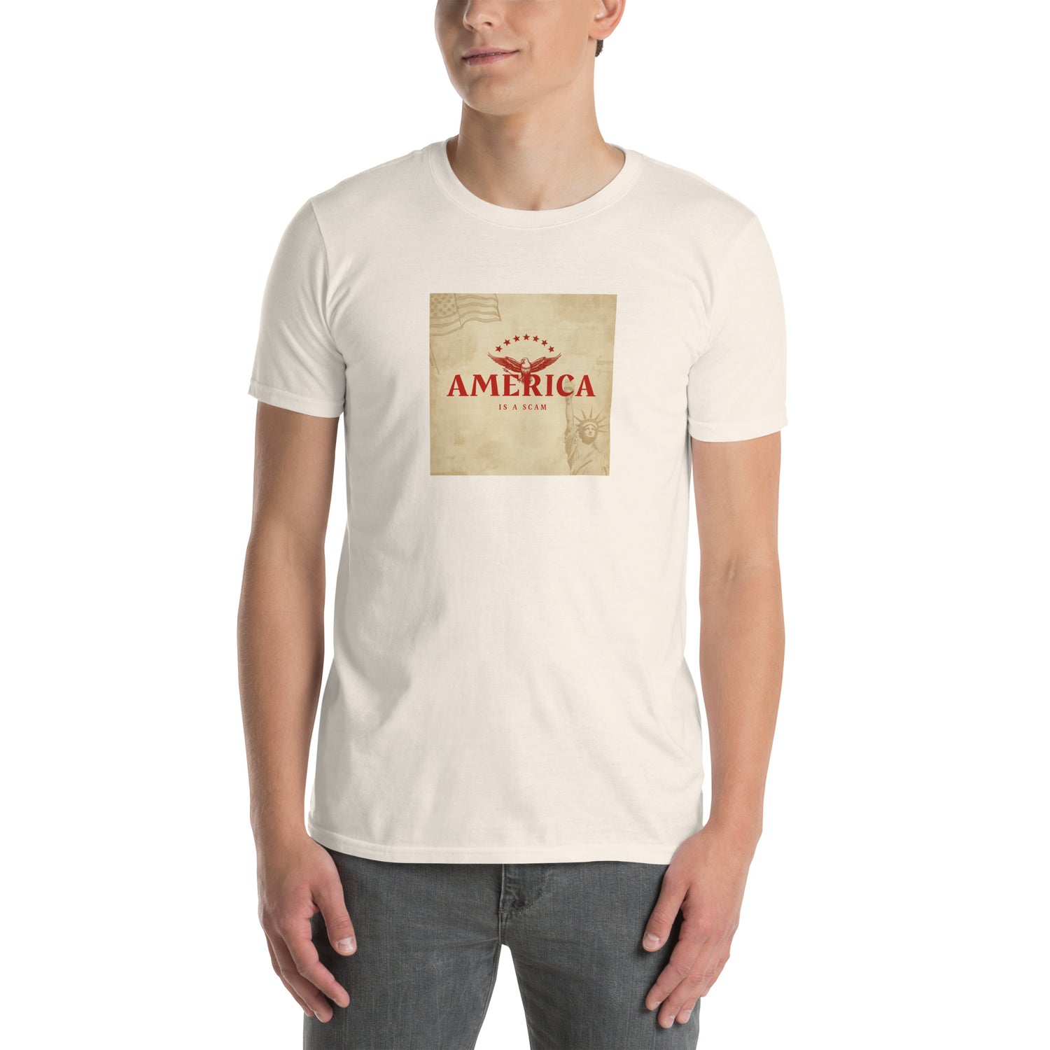 White unisex T-shirt front view with square vintage-style “AMERICA IS A SCAM” print.