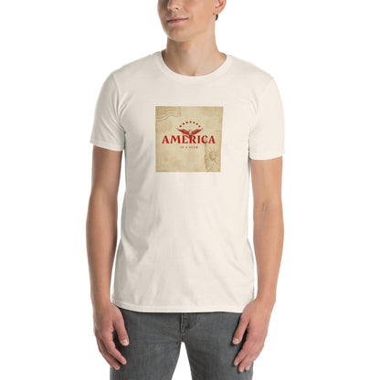 White unisex T-shirt front view with square vintage-style “AMERICA IS A SCAM” print.