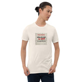 White crew-neck T-shirt with square chest graphic, short sleeves, front view
