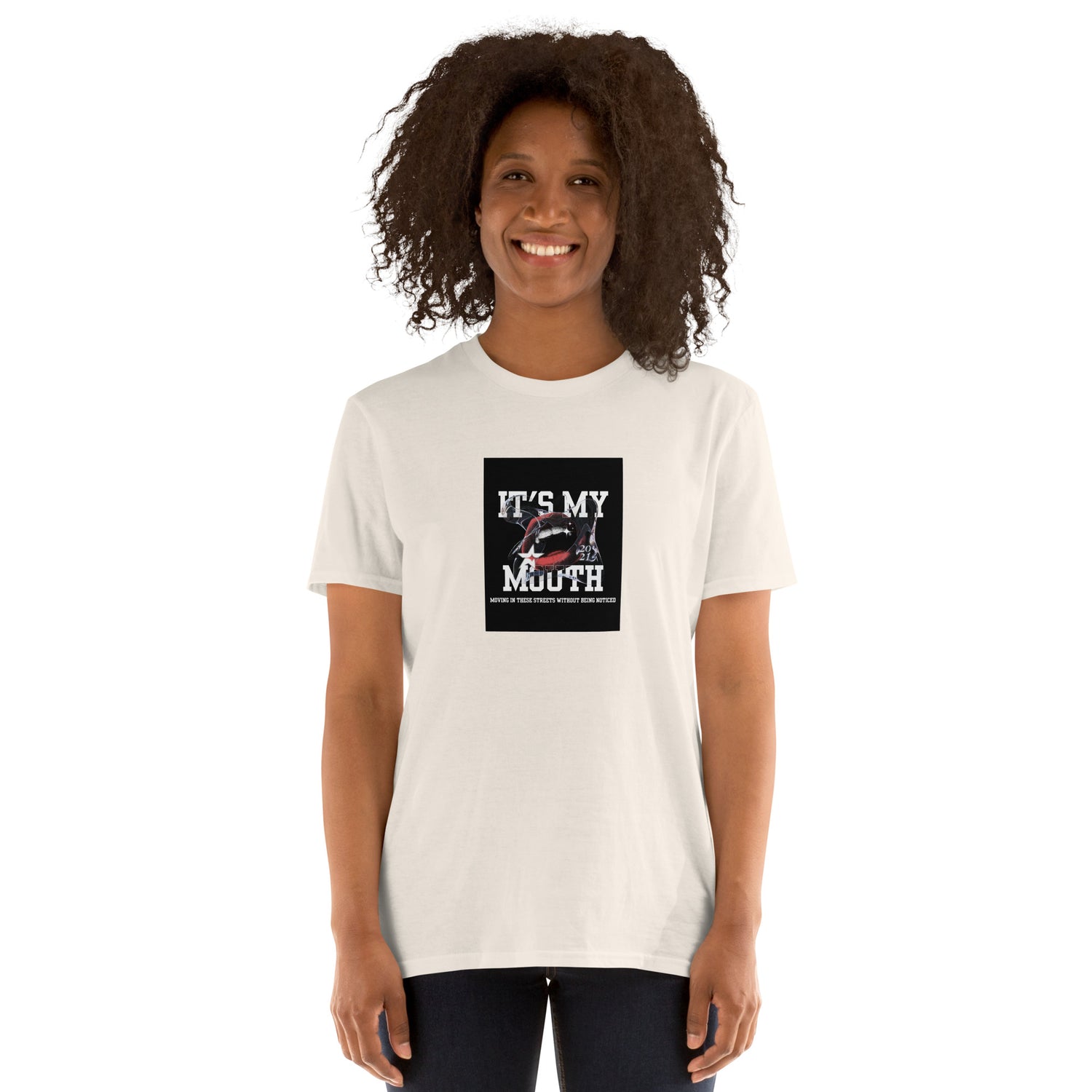 White short-sleeve unisex T-shirt, front graphic square on left chest