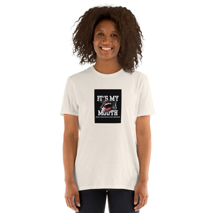 White short-sleeve unisex T-shirt, front graphic square on left chest