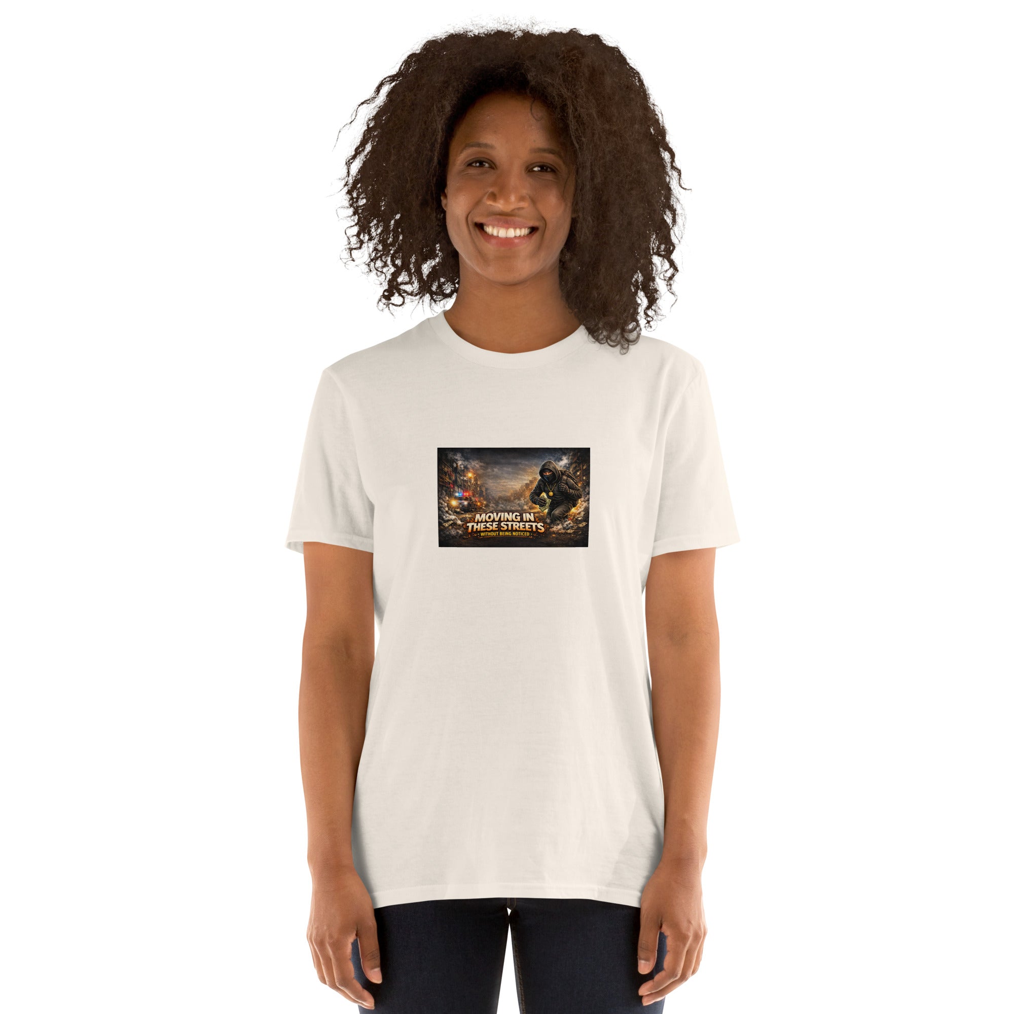 Premium T-shirt in white, front view with square chest graphic