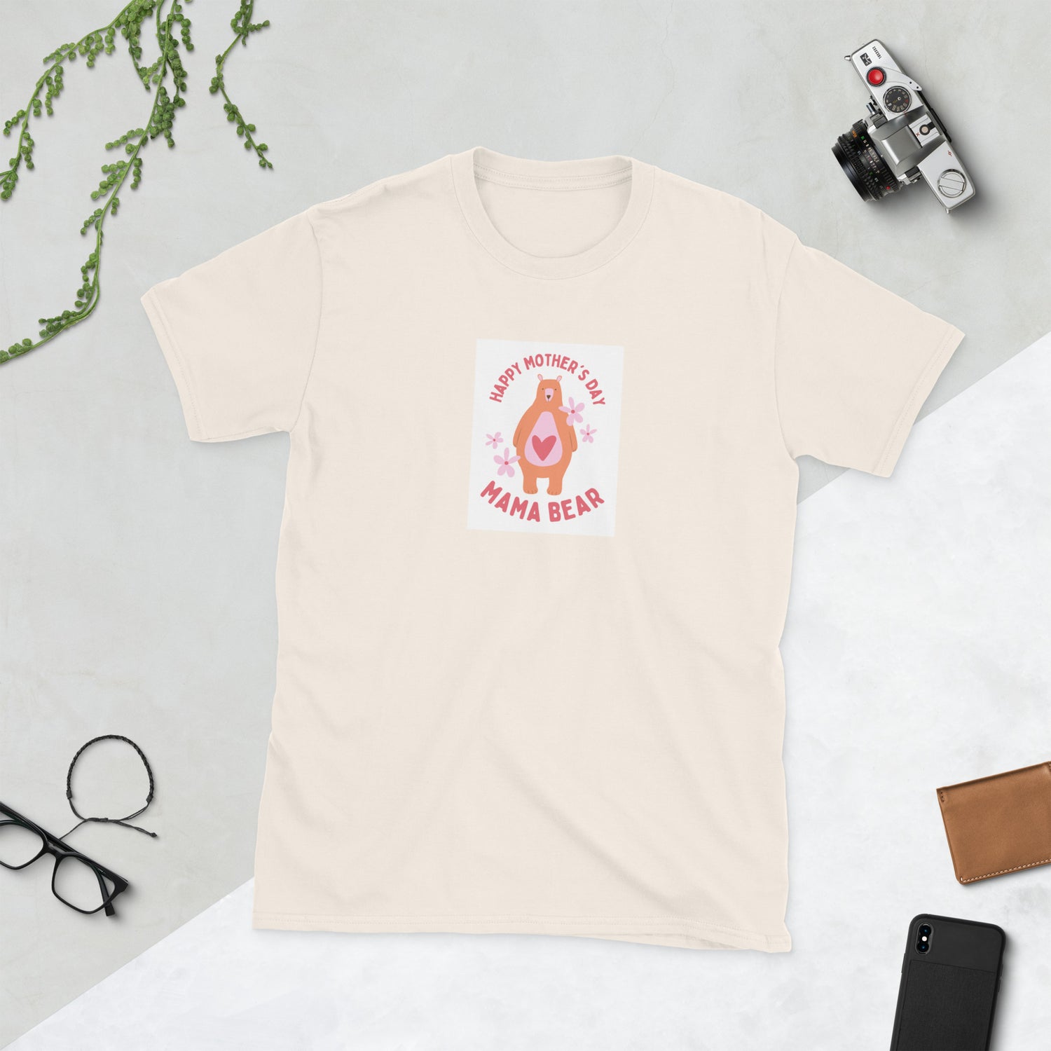 Natural/cream unisex short-sleeve T-shirt with “Happy Mother’s Day” Mama Bear graphic