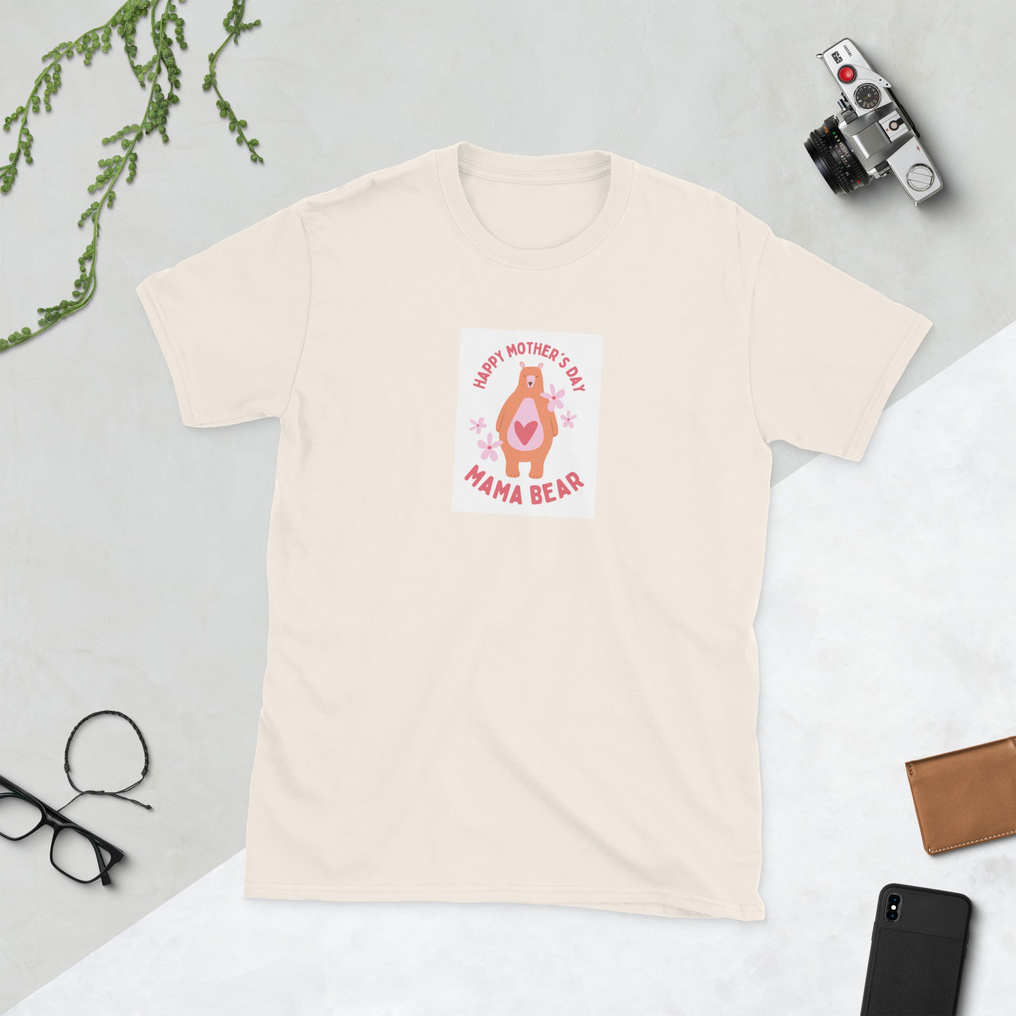 Natural/cream unisex short-sleeve T-shirt with “Happy Mother’s Day” Mama Bear graphic