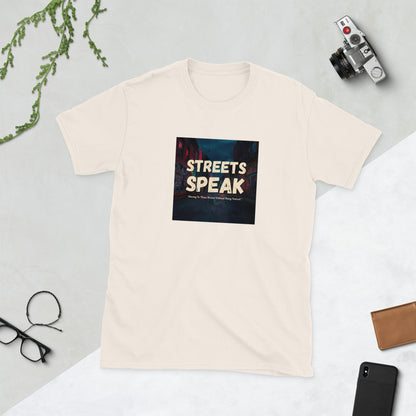 Cream graphic crewneck T-shirt with square “STREETS SPEAK” logo