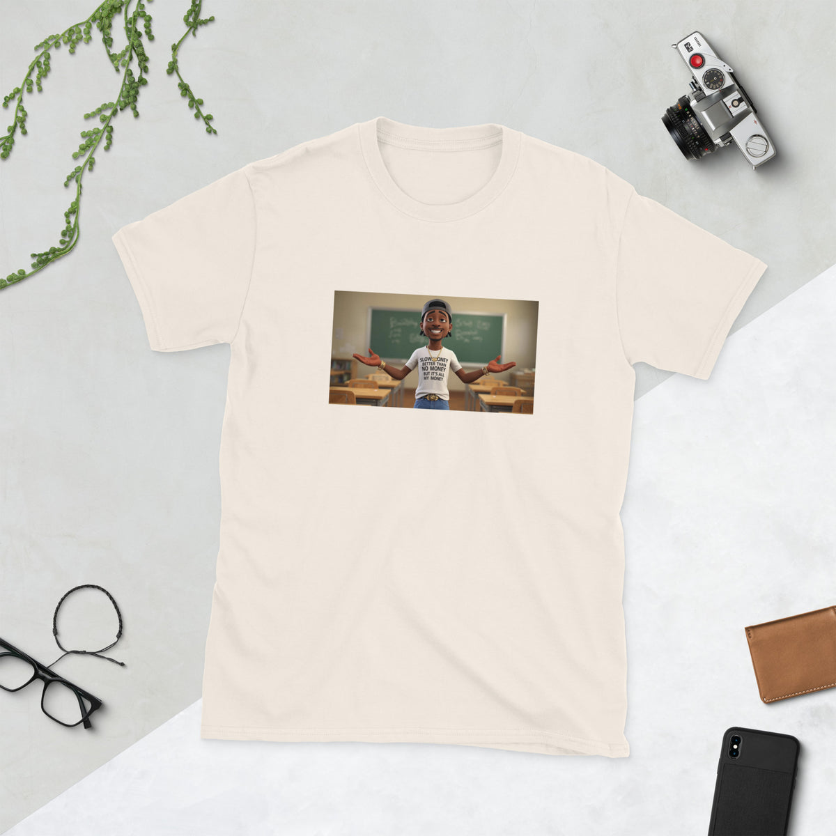 Cream graphic T-shirt with centered photo print on the front