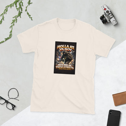 Natural/cream graphic streetwear tee with front square cat print