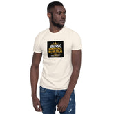 Cream unisex short-sleeve T-shirt with black and yellow chest graphic.