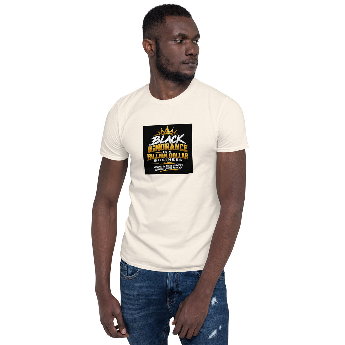 Cream unisex short-sleeve T-shirt with black and yellow chest graphic.